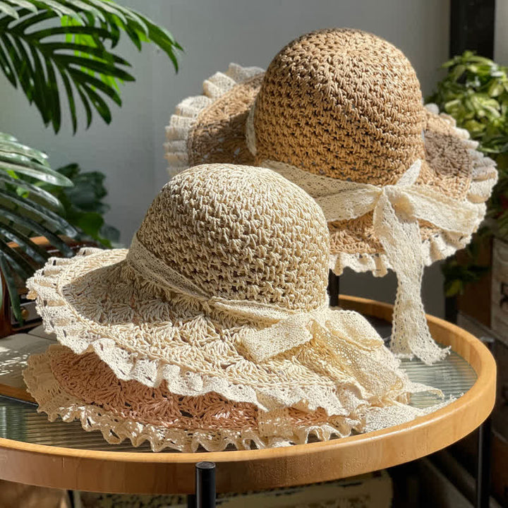 Women's Hollow Bow Lace Brim Summer Foldable Straw Hat - image 1