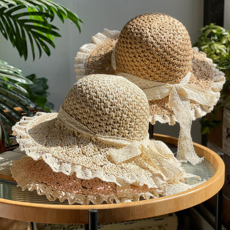 Women's Hollow Bow Lace Brim Summer Foldable Straw Hat - image 1
