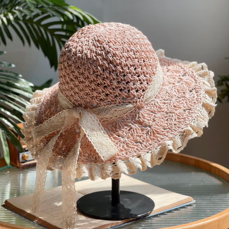 Women's Hollow Bow Lace Brim Summer Foldable Straw Hat - Pink - M (22"-22 7/8") - image 4