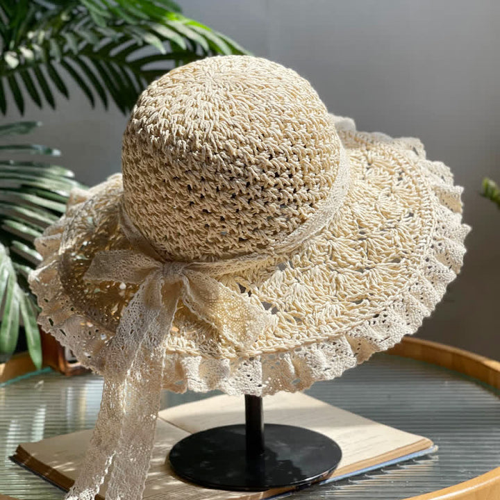 Women's Hollow Bow Lace Brim Summer Foldable Straw Hat - Ivory - M (22"-22 7/8") - image 0