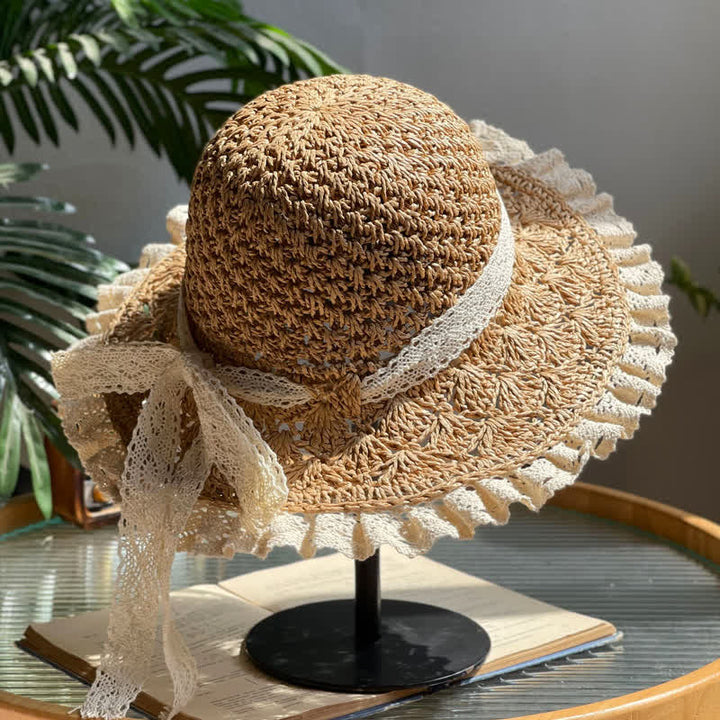 Women's Hollow Bow Lace Brim Summer Foldable Straw Hat - Dark Khaki - M (22"-22 7/8") - image 5