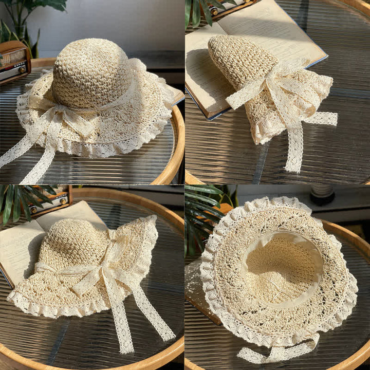 Women's Hollow Bow Lace Brim Summer Foldable Straw Hat - image 2