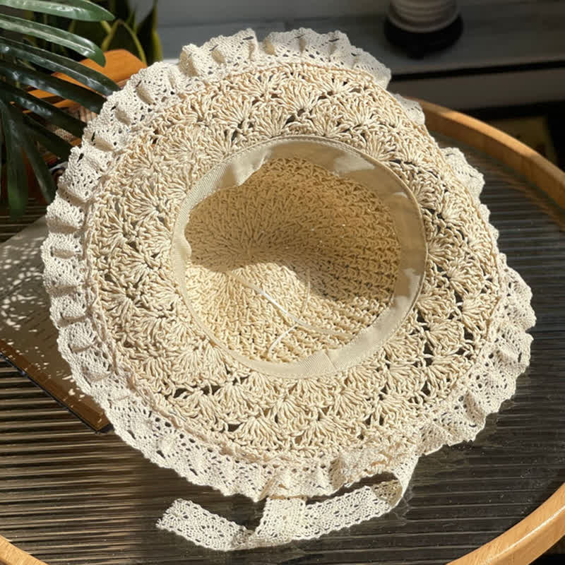 Women's Hollow Bow Lace Brim Summer Foldable Straw Hat - image 3