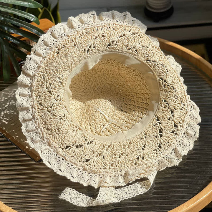 Women's Hollow Bow Lace Brim Summer Foldable Straw Hat - image 3