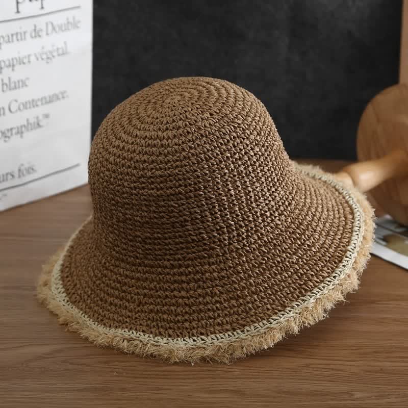 Women's Spring Summer Hat Floppy Foldable Straw Hat - Dark Khaki - M (22"-22 7/8") - image 0