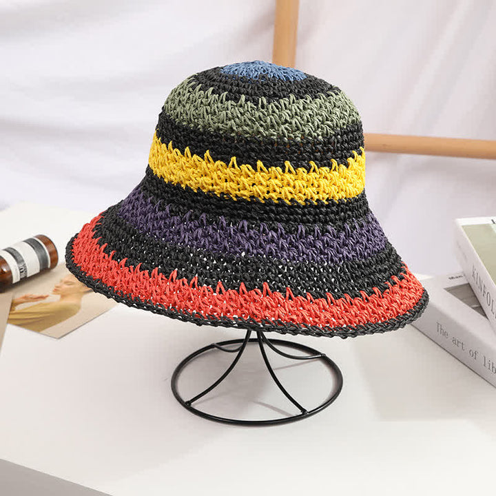 Women's Boho Style Colorful Rainbow Foldable Straw Hat - Black - M (22"-22 7/8") - image 9