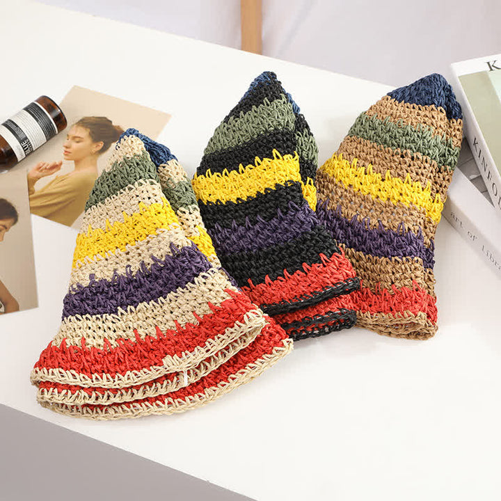 Women's Boho Style Colorful Rainbow Foldable Straw Hat - image 3