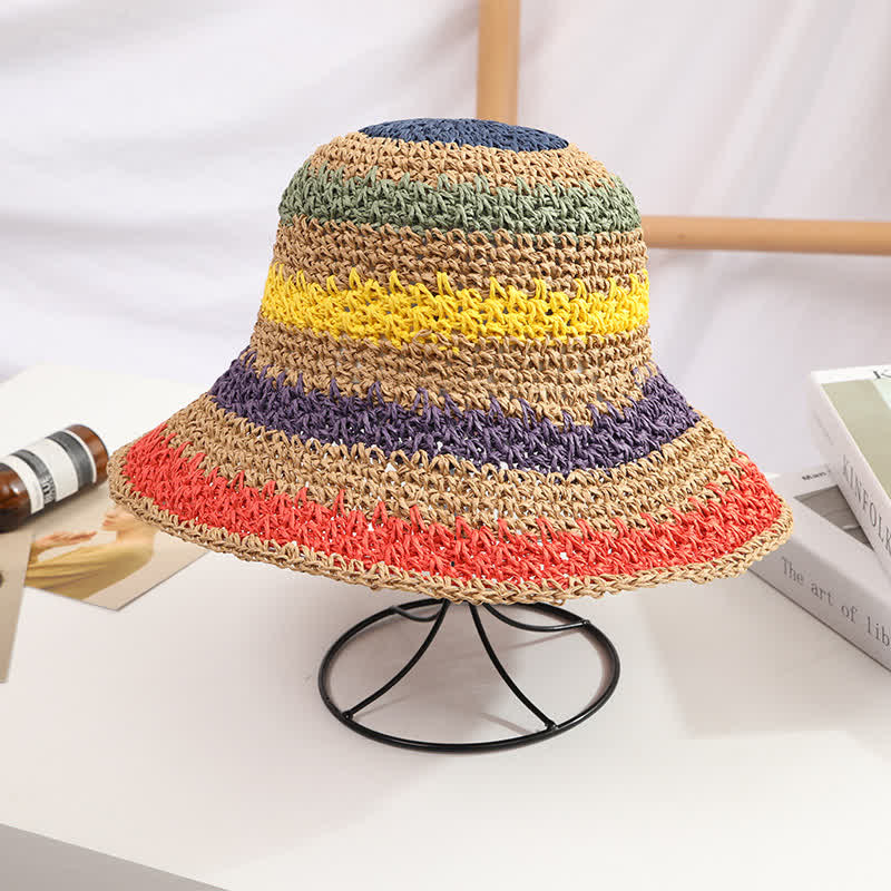 Women's Boho Style Colorful Rainbow Foldable Straw Hat - Khaki - M (22"-22 7/8") - image 8