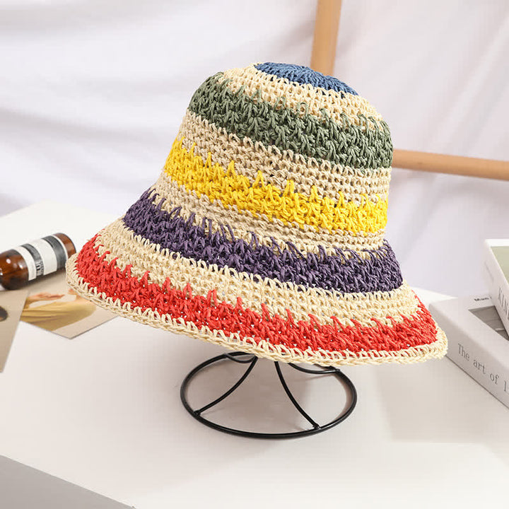 Women's Boho Style Colorful Rainbow Foldable Straw Hat - Ivory - M (22"-22 7/8") - image 0