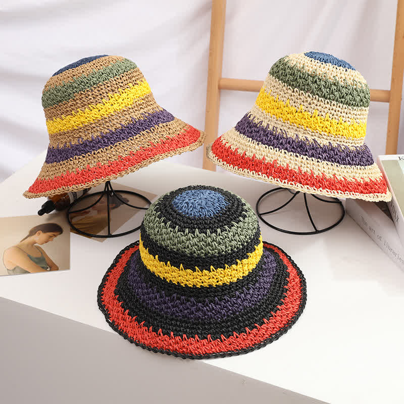 Women's Boho Style Colorful Rainbow Foldable Straw Hat - image 2