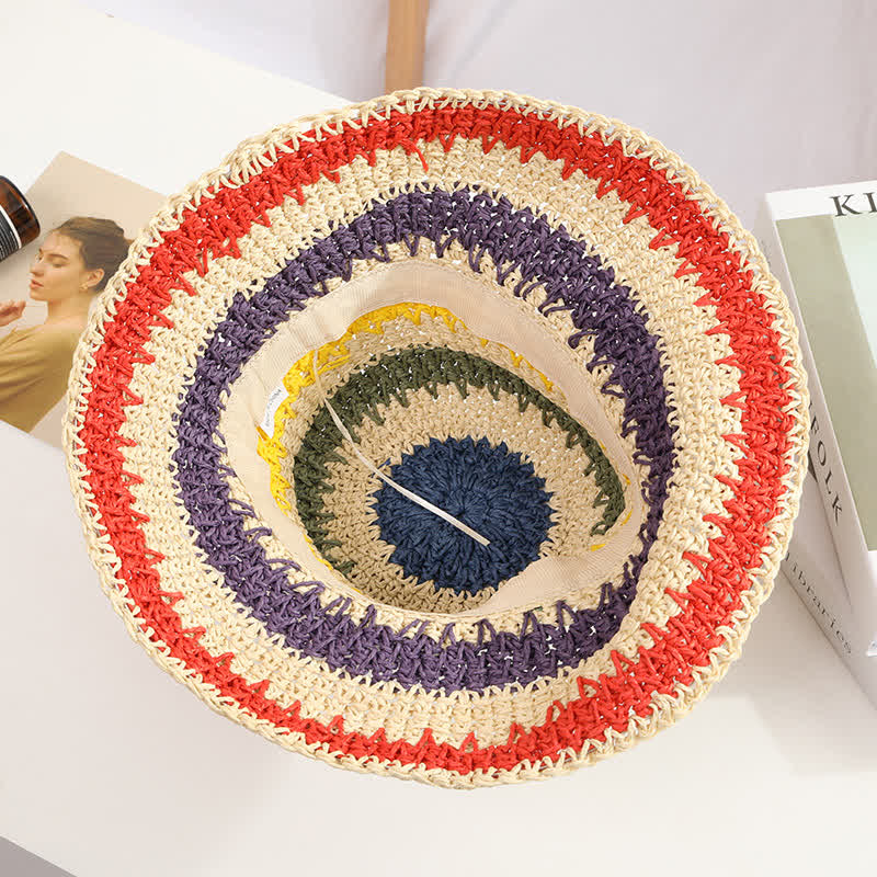Women's Boho Style Colorful Rainbow Foldable Straw Hat - image 7