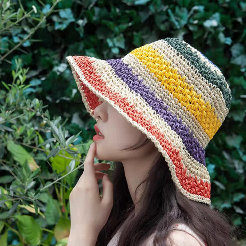 Women's Boho Style Colorful Rainbow Foldable Straw Hat - image 1