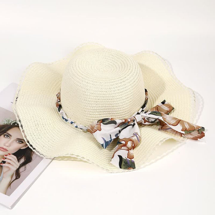 Women's Summer Flower Ribbon Pearl Decor Foldable Straw Hat - Ivory - M (22"-22 7/8") - image 3