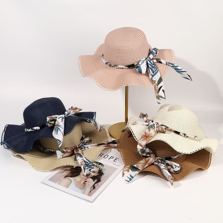 Women's Summer Flower Ribbon Pearl Decor Foldable Straw Hat - image 1