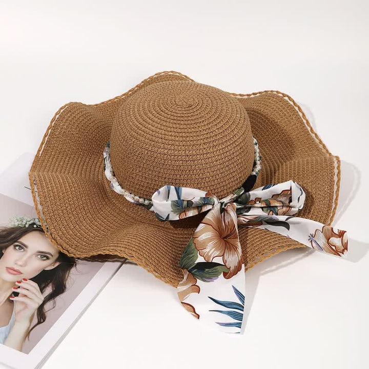 Women's Summer Flower Ribbon Pearl Decor Foldable Straw Hat - Dark Khaki - M (22"-22 7/8") - image 0