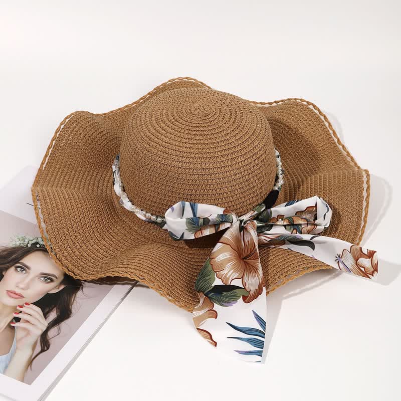Women's Summer Flower Ribbon Pearl Decor Foldable Straw Hat - Dark Khaki - M (22"-22 7/8") - image 0