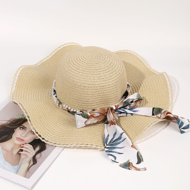 Women's Summer Flower Ribbon Pearl Decor Foldable Straw Hat - Beige - M (22"-22 7/8") - image 2