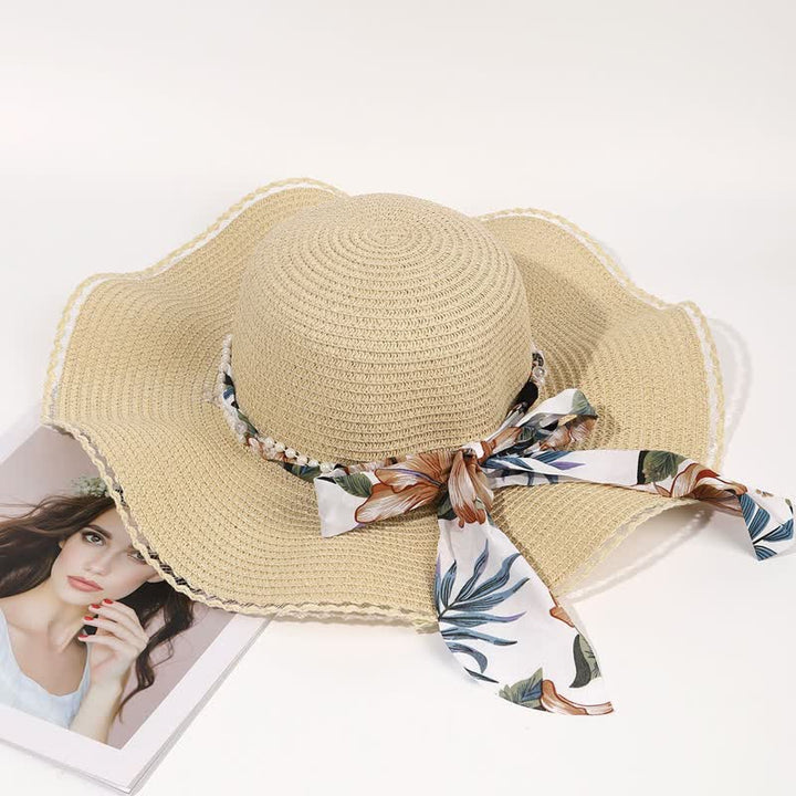 Women's Summer Flower Ribbon Pearl Decor Foldable Straw Hat - Beige - M (22"-22 7/8") - image 2