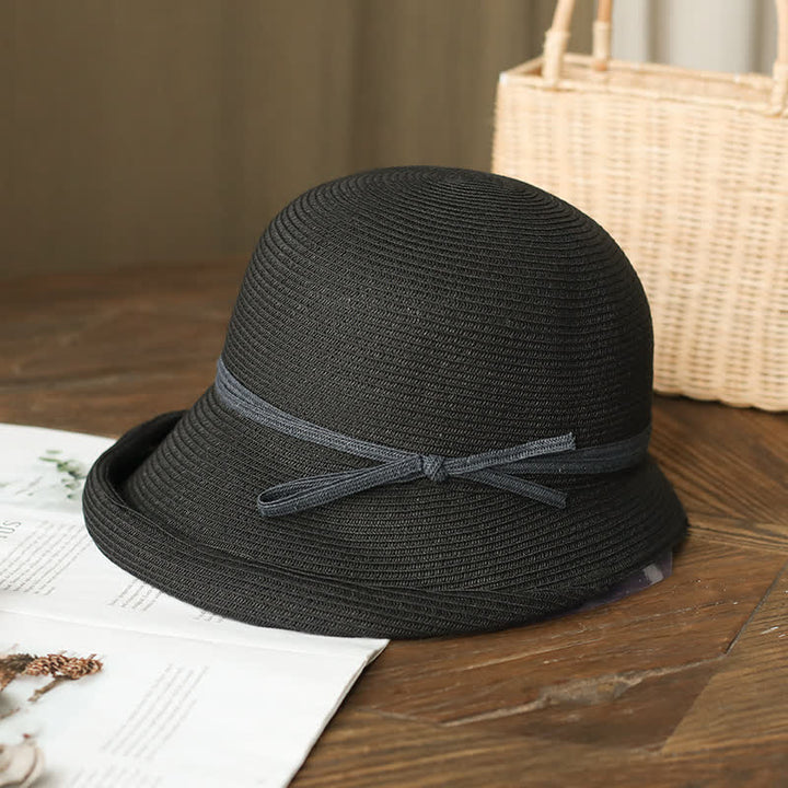 Women's Simple Style Roll Brim Foldable Straw Hat - Black - M (22"-22 7/8") - image 5