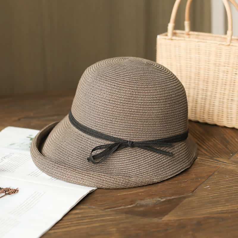 Women's Simple Style Roll Brim Foldable Straw Hat - Gray Coffee - M (22"-22 7/8") - image 7