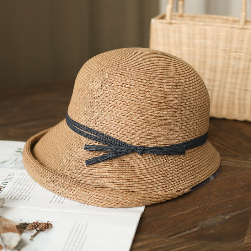 Women's Simple Style Roll Brim Foldable Straw Hat - Dark Camel - M (22"-22 7/8") - image 0