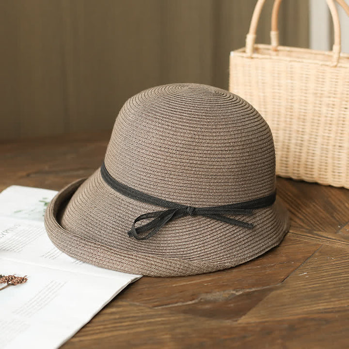 Women's Simple Style Roll Brim Foldable Straw Hat - Gray Coffee - M (22"-22 7/8") - image 7