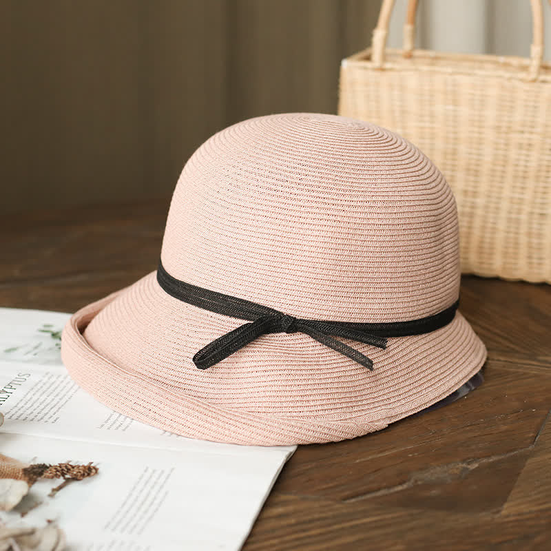 Women's Simple Style Roll Brim Foldable Straw Hat - Pink - M (22"-22 7/8") - image 6