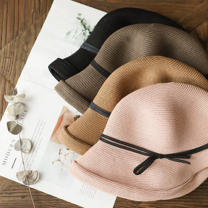 Women's Simple Style Roll Brim Foldable Straw Hat - image 4