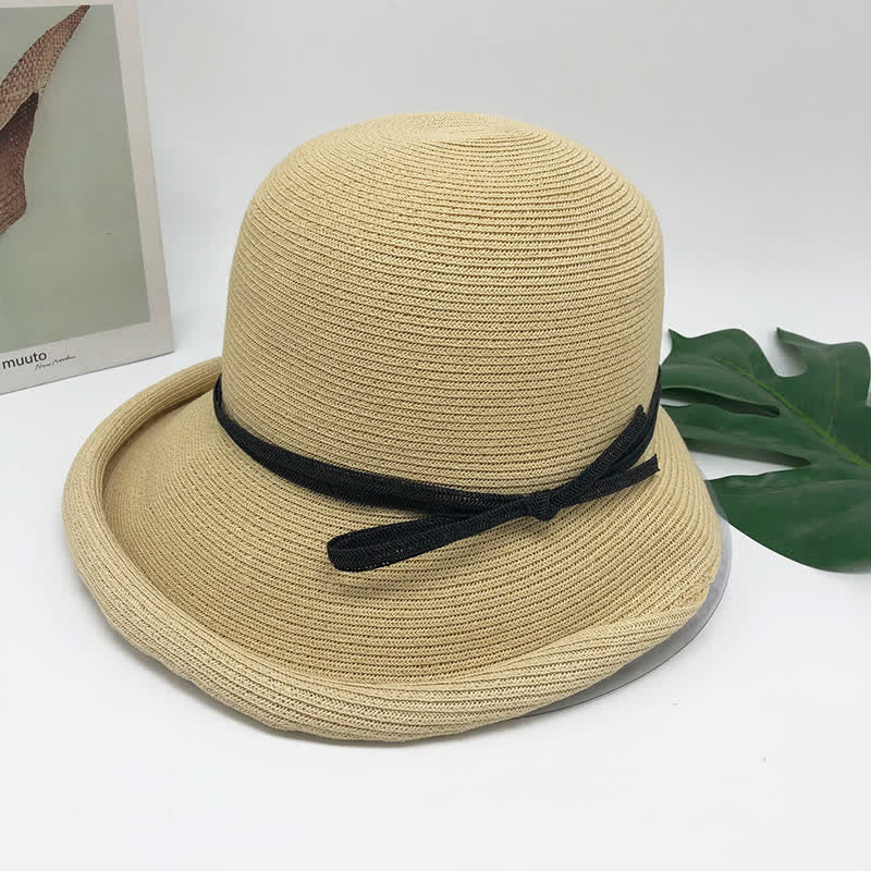 Women's Simple Style Roll Brim Foldable Straw Hat - Beige - M (22"-22 7/8") - image 8