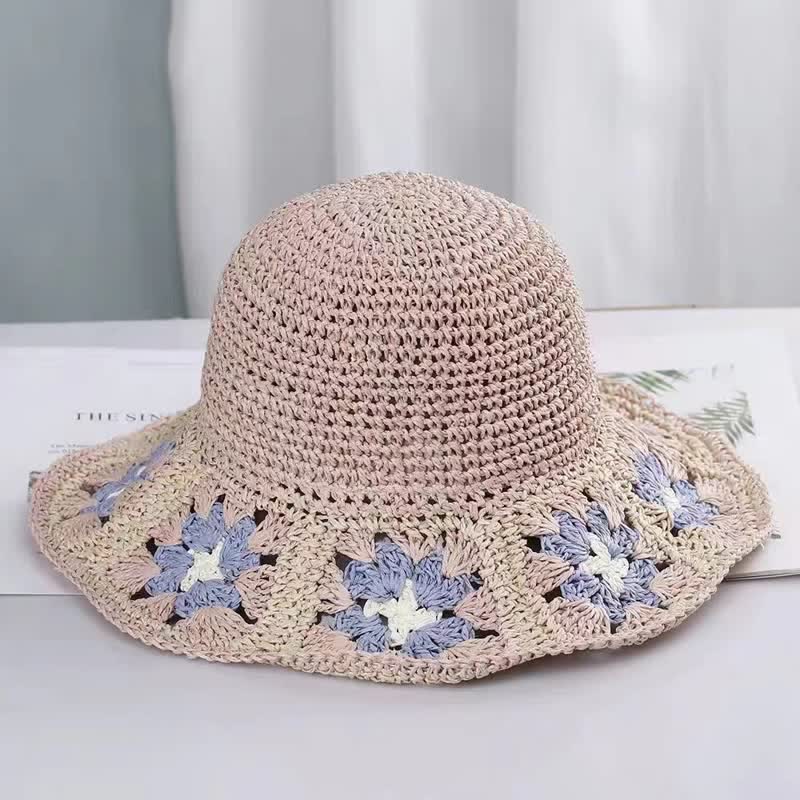Women's Woven Floral Crochet Bucket Foldable Straw Hat - Pink - M (22"-22 7/8") - image 7