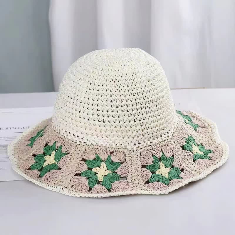 Women's Woven Floral Crochet Bucket Foldable Straw Hat - White - M (22"-22 7/8") - image 5