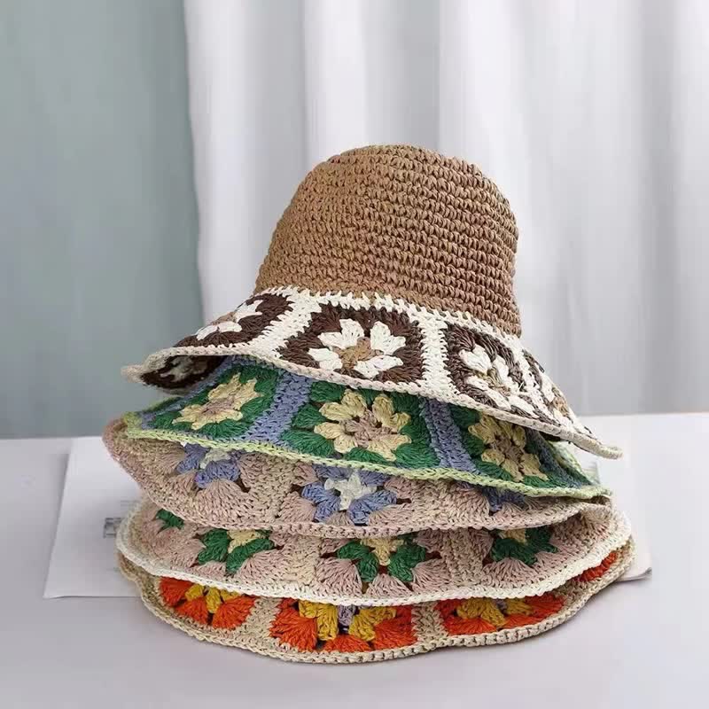Women's Woven Floral Crochet Bucket Foldable Straw Hat - image 1