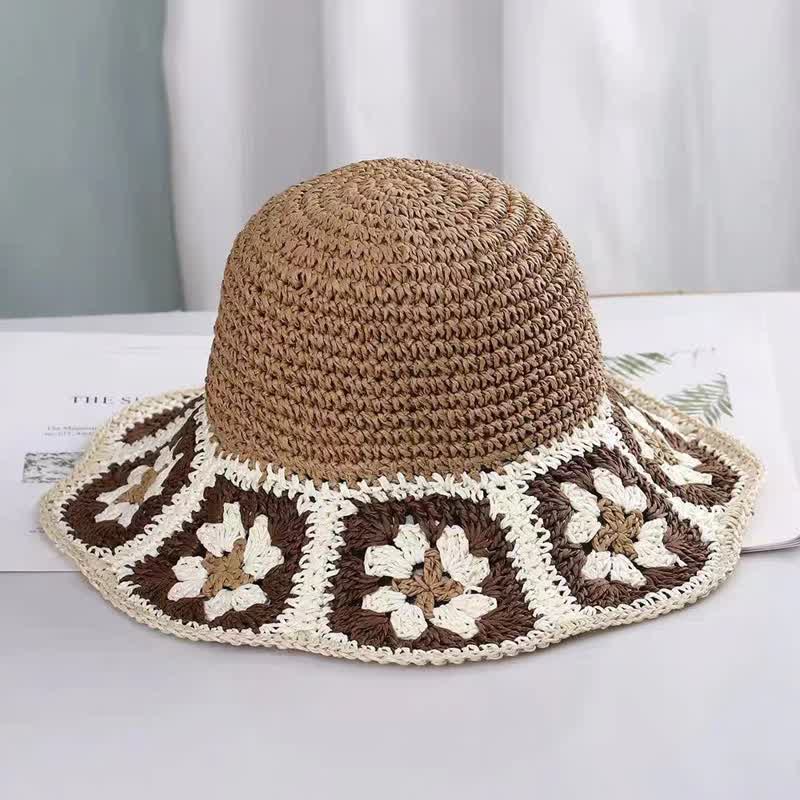 Women's Woven Floral Crochet Bucket Foldable Straw Hat - Dark Khaki - M (22"-22 7/8") - image 0