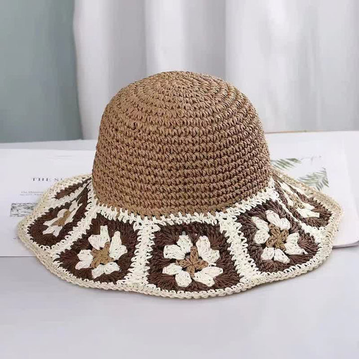 Women's Woven Floral Crochet Bucket Foldable Straw Hat - Dark Khaki - M (22"-22 7/8") - image 0