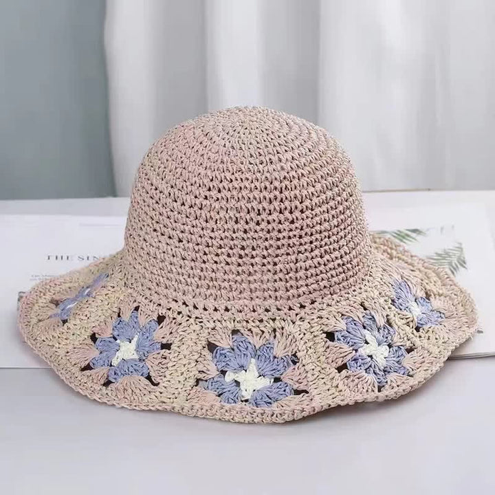 Women's Woven Floral Crochet Bucket Foldable Straw Hat - Pink - M (22"-22 7/8") - image 7