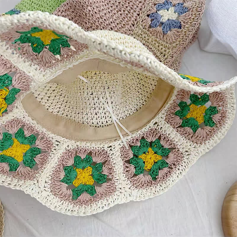 Women's Woven Floral Crochet Bucket Foldable Straw Hat - image 4