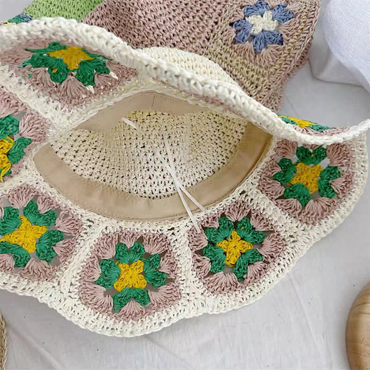 Women's Woven Floral Crochet Bucket Foldable Straw Hat - image 4