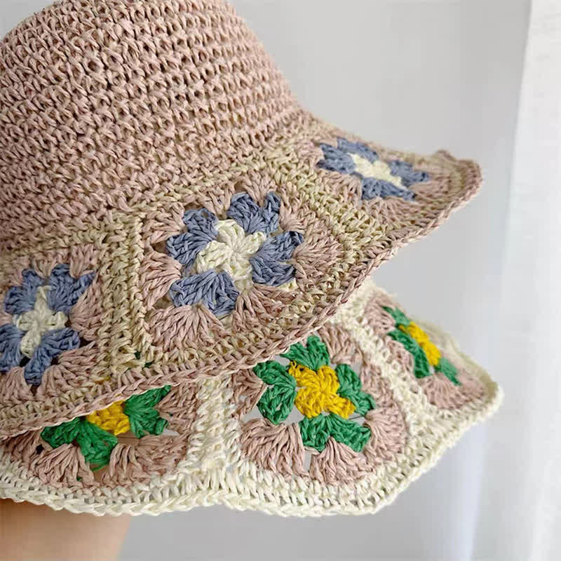 Women's Woven Floral Crochet Bucket Foldable Straw Hat - image 3