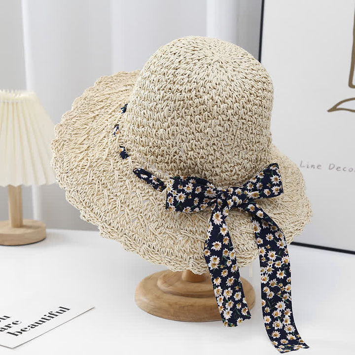 Women's Little Floral Ribbon Decor Foldable Straw Hat - Ivory - M (22"-22 7/8") - image 0