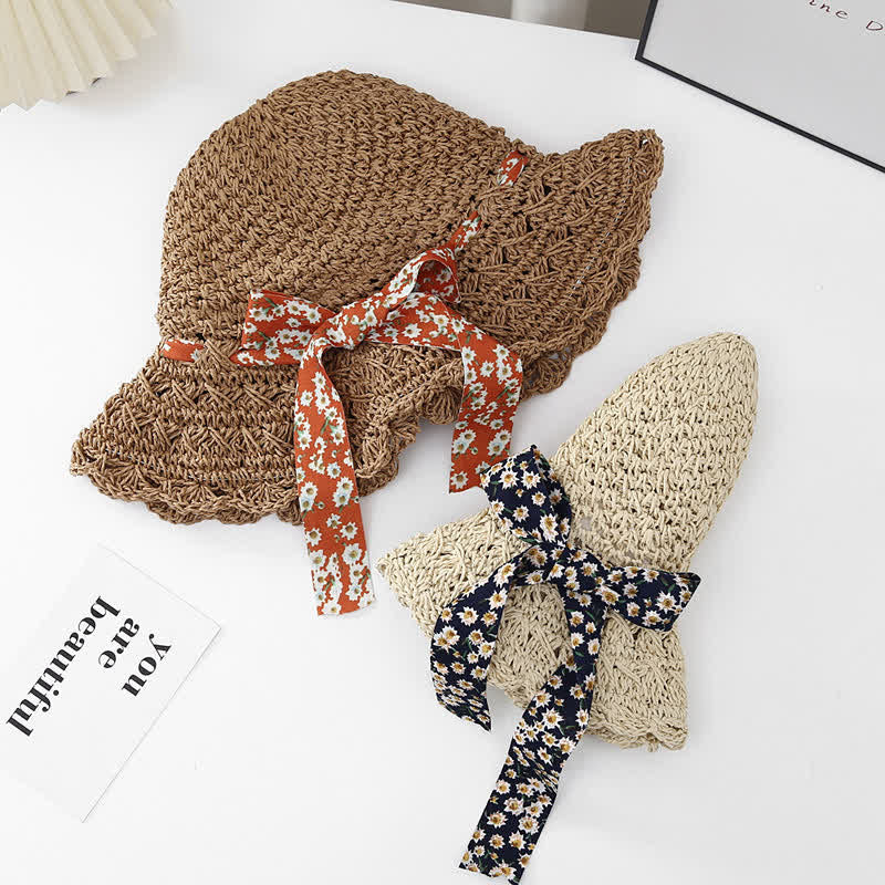 Women's Little Floral Ribbon Decor Foldable Straw Hat - image 1