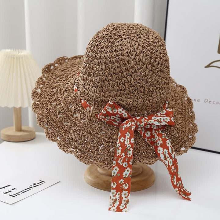 Women's Little Floral Ribbon Decor Foldable Straw Hat - Coffee - M (22"-22 7/8") - image 5