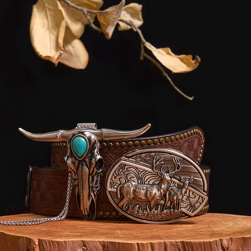 Practical DIY Hidden Knife Buckle Turquoise Longhorn Bull Pendant Bundle Set - Dual Deers - Brown Rivet Belt - 40 - image 12