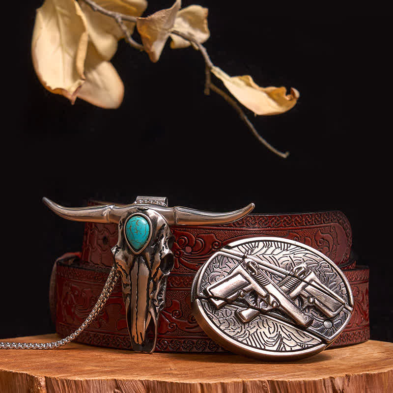 Practical DIY Hidden Knife Buckle Turquoise Longhorn Bull Pendant Bundle Set - Dual Pistols - Brown Carved Belt - 40 - image 35