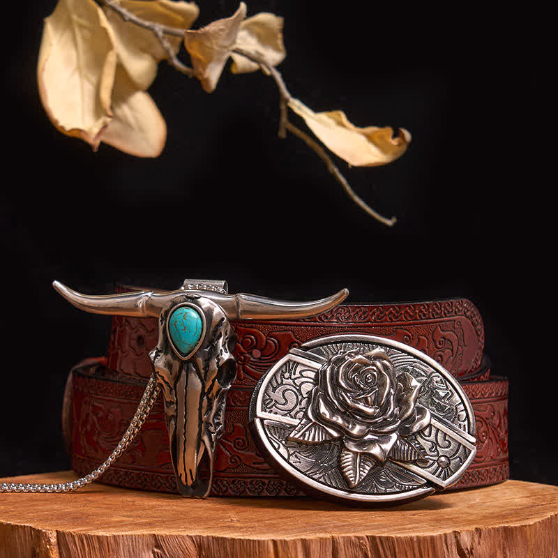 Practical DIY Hidden Knife Buckle Turquoise Longhorn Bull Pendant Bundle Set - Rose - Brown Carved Belt - 40 - image 21