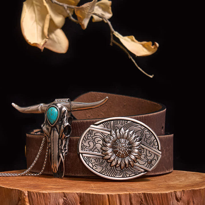 Practical DIY Hidden Knife Buckle Turquoise Longhorn Bull Pendant Bundle Set - Sunflower - Brown Distressed Belt - 40 - image 6