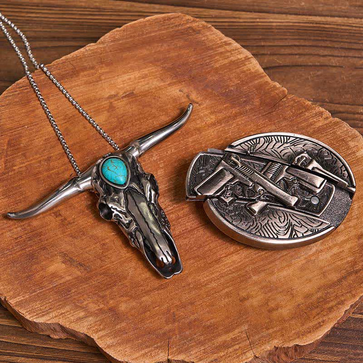 Practical DIY Hidden Knife Buckle Turquoise Longhorn Bull Pendant Bundle Set - Dual Pistols - Without Belt - Not Included Belt - image 30
