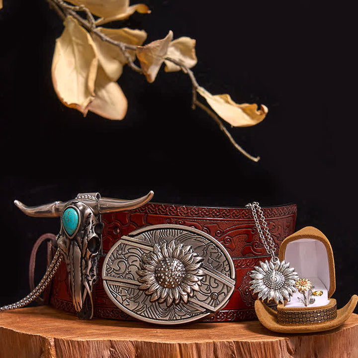 Sunflower Theme DIY Hidden Knife Belt Buckle Turquoise Bull Pendant Bundle Set - Sunflower - Brown Carved Belt - 42 - image 9