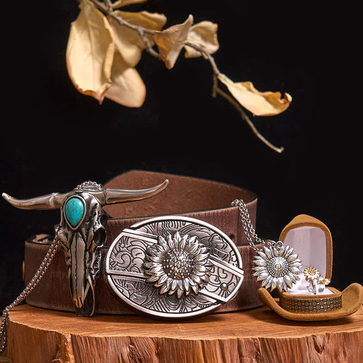 Sunflower Theme DIY Hidden Knife Belt Buckle Turquoise Bull Pendant Bundle Set (PRE-SALE) - Sunflower - Brown Distressed Belt - 42 - image 8