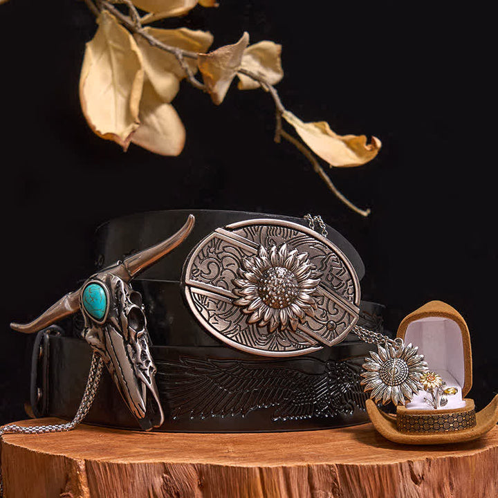 Sunflower Theme DIY Hidden Knife Belt Buckle Turquoise Bull Pendant Bundle Set (PRE-SALE) - Sunflower - Black Embossed Eagle Belt - 42 - image 0