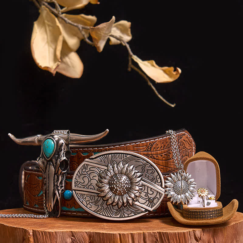 Sunflower Theme DIY Hidden Knife Belt Buckle Turquoise Bull Pendant Bundle Set (PRE-SALE) - Sunflower - Turquoise Carved Belt - 42 - image 6